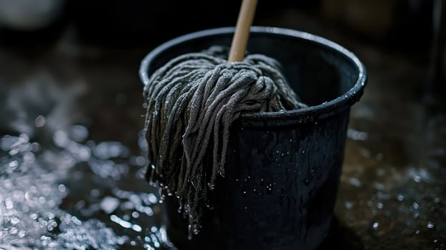 Wet mop resting in a bucket on a shiny floor in a cleaning area during daylight photo