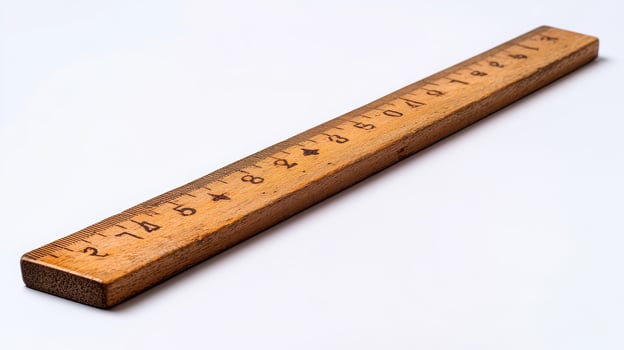 Wooden ruler with measurement markings isolated on a light background photo