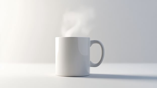 Rising steam from a white ceramic mug sits on a minimalistic surface in a well-lit space during the morning photo