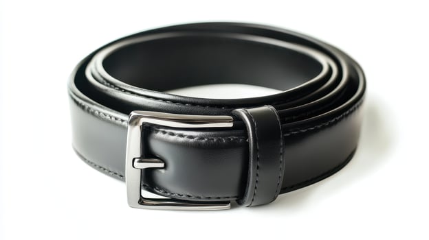 Black leather belt with a silver buckle displayed against a white background photo