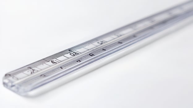 Clear plastic ruler placed on a white background showing metric measurements with detailed markings photo