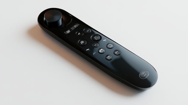 A sleek black remote control with buttons and a navigation wheel on a light surface photo