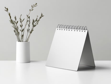 a white desk with a blank calendar and a vase photo