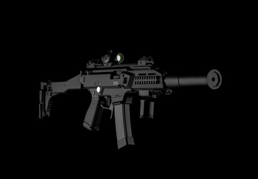 Modern automatic rifle isolated on black background. Weapons for police, special forces and the army. A carbine with optical, mechanical sights and a silencer on a dark back photo