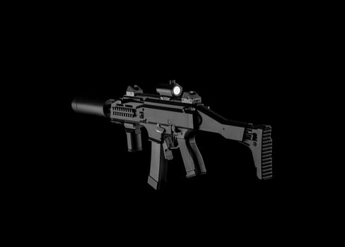 Modern automatic rifle isolated on black background. Weapons for police, special forces and the army. A carbine with optical, mechanical sights and a silencer on a dark background. photo