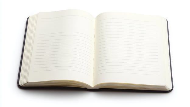 Open blank notebook showcasing crisp pages on a white background ready for writing and creativity photo
