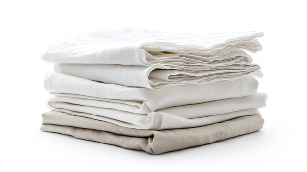 Neatly folded linens in various shades of white and beige on a clean surface photo