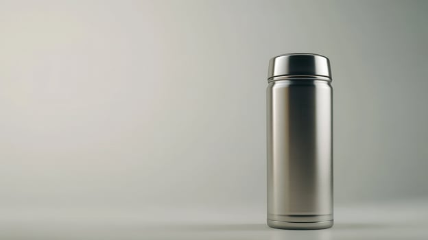 Stainless steel thermos on a minimalistic background with soft lighting photo