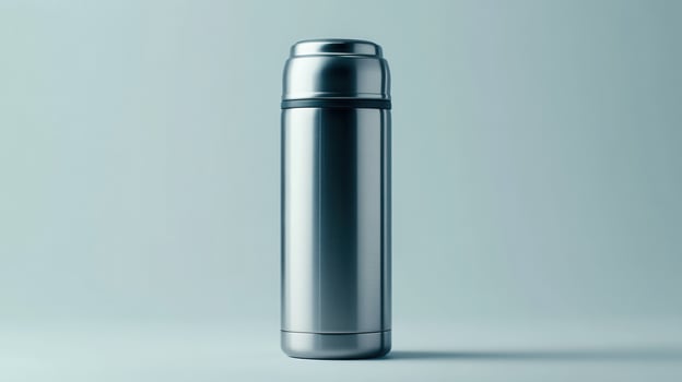 Stainless steel thermos standing upright on a light blue background, showcasing its sleek design and functional features photo