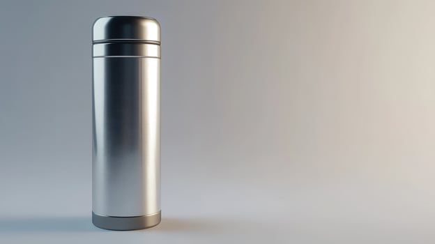 Stainless steel thermos bottle on a light gradient background photo