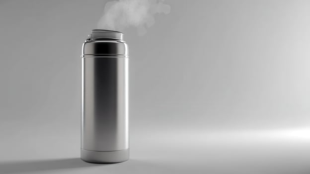 Stainless steel thermos releasing steam on a minimalist grey background photo