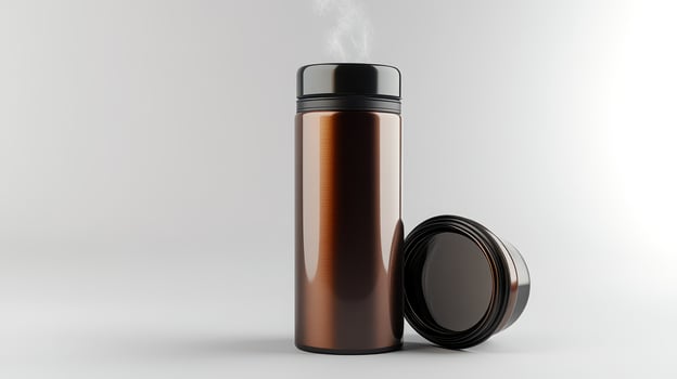 A steaming thermos and its lid positioned on a clean surface, showcasing a modern design and sleek finish photo