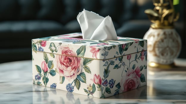 Decorative tissue box on a marble table in a cozy living room with soft lighting photo