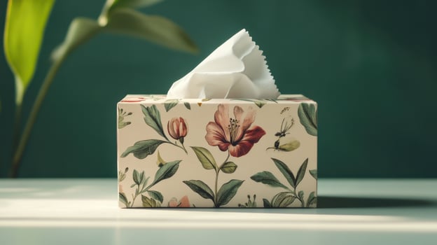 Floral tissue box placed on a table with a green backdrop, showcasing its decorative design and practical use for everyday needs photo