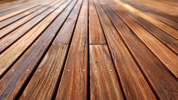 Beautifully polished wood decking with rich brown tones on sunny day photo