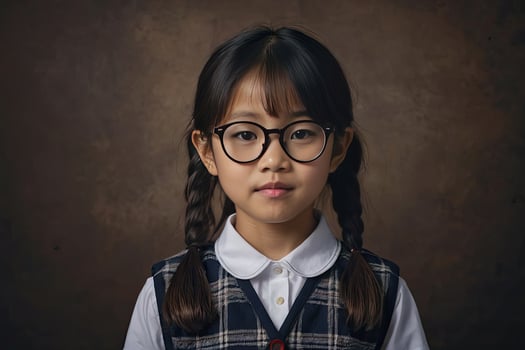 Portrait of a serious Asian kid schoolgirl with glasses on a solid gray background. Back to school, correction of pupil kid eyesight. photo
