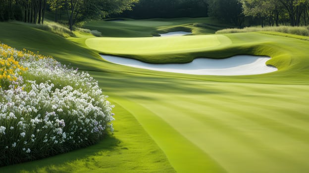 Idyllic golf course landscape with manicured grass, serene water features, and vibrant flowers creating a peaceful atmosphere. photo