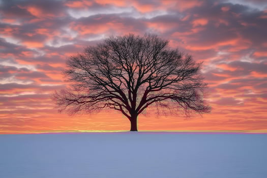 Majestic tree silhouetted against a vibrant sunset in winter photo