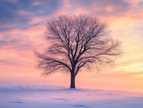 Lonely tree silhouetted against a colorful winter sunset photo