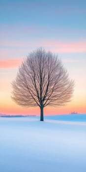 Lonely tree silhouetted against a colorful winter sunset photo