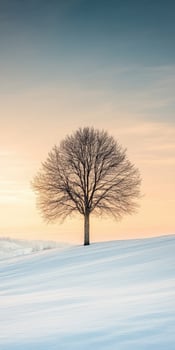 Bare tree on snowy hill during sunset in winter landscape photo