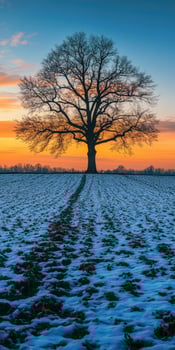 Lonely tree in snowy field at sunset in winter photo