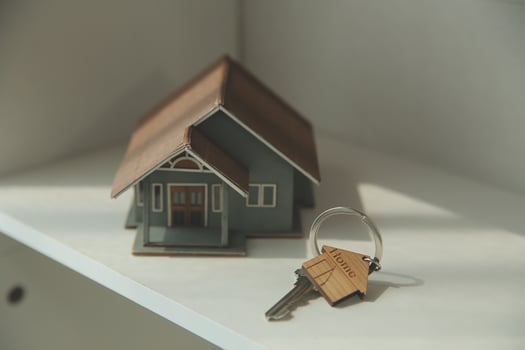 Real estate agent home sales broker is using a pen pointing to the house model and explains the business contract, rent, buy, mortgage, loan, or home insurance photo