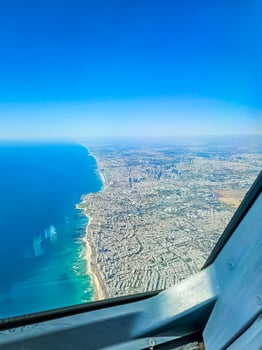 sea and land view from pilot cockpit . High quality photo