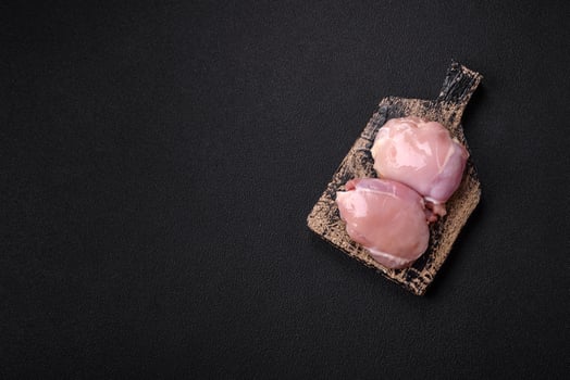 Fresh chicken fillet on a dark concrete table with spices and herbs photo