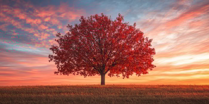 Vibrant red tree standing alone against a colorful sunset sky photo