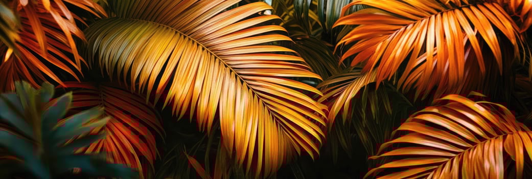 Vibrant tropical foliage with golden hues captured in a lush rainforest during the late afternoon photo