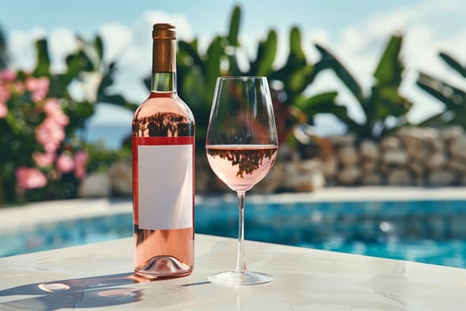 A bottle of rose wine with a blank mock-up label and glass served by the poolside photo