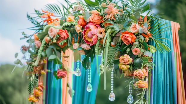 Beautiful festive arch decoration of roses, greenery and tropical leaves with crystal bead garlands photo