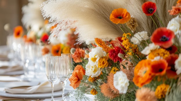 A beautifully decorated table with poppies, pampas grass and candles photo