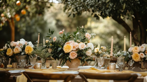 A beautifully decorated outdoor table with various flowers and candles photo