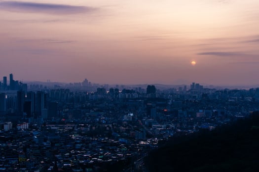 Panoramic high angle aerial view of downtown city center Seoul and Bukhansan mountain photo