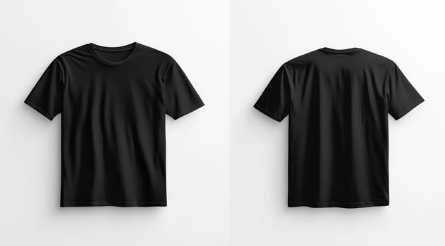 A blank black tshirt mockup is elegantly displayed against a clean white wall, showcasing both the front and back views for an optimal design presentation, perfect for a variety of creative uses photo