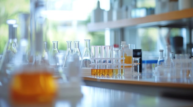 A meticulously organized lab table showcases a variety of glassware, each filled with vibrant and intriguing chemical solutions, making it ideal for conducting scientific research and experimentation photo