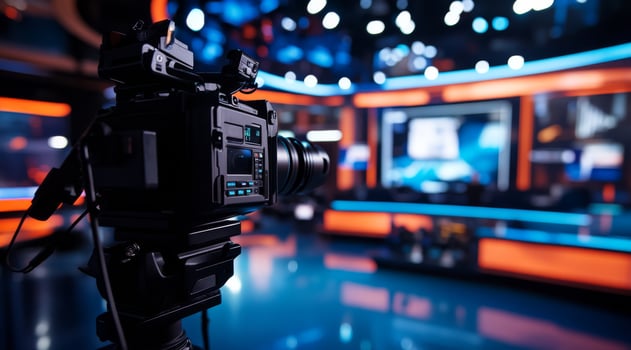 In a vibrant and lively television studio, you will find a highquality camera, an advanced broadcasting setup, dazzling bright lights, and a sleek, modern design that captivates the audience photo