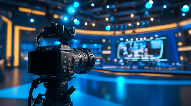 A sleek and professional camera is expertly capturing the vibrant atmosphere of a contemporary television studio, which is illuminated by striking blue lighting and various digital screens photo