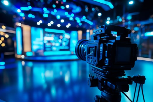 A professionalgrade camera has been meticulously arranged in front of a sophisticated television studio backdrop that showcases vibrant blue lighting along with a cuttingedge modern design photo