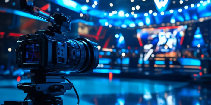 A highquality camera captures the thrilling energy of a bustling TV studio, enhanced by colorful lights and elegant design, creating an unforgettable visual experience for all photo