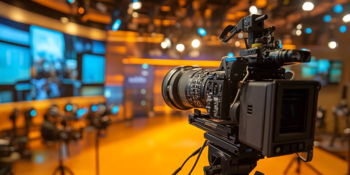 In a lively studio, a highquality camera alongside stateoftheart equipment creates a dynamic broadcast atmosphere, captivating viewers with engaging and entertaining content photo