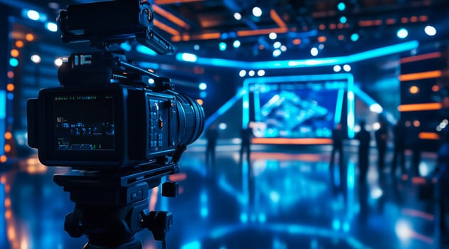 A highquality professional camera set in a vibrant television studio, illuminated with striking blue lighting, beautifully showcasing a contemporary broadcasting setup with advanced technology photo