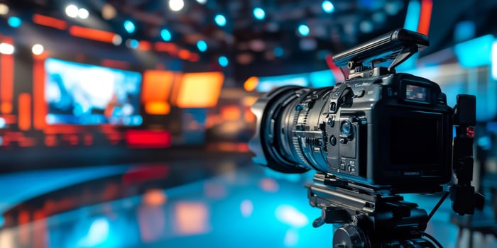 A closeup view of a professional camera set up in a modern television studio with vibrant lighting and production elements photo