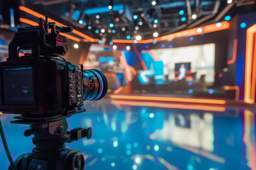 In a contemporary television studio, you can find a sleek and advanced camera that stands out among the modern lighting and design elements, reflecting the evolution of media production photo