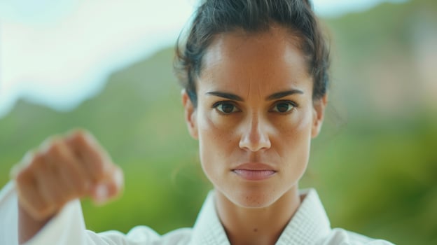 Focused Female Martial Artist in White Karate Uniform Practicing Punch Technique Outdoors. Self Defense Concept. photo