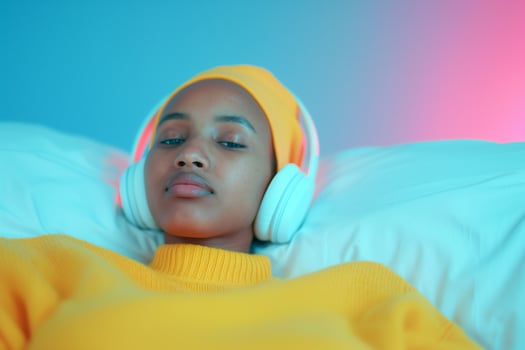 Relaxed Woman Listening to Music with Headphones, Colorful Lighting, Cozy Yellow Sweater, Modern Tech Lifestyle photo