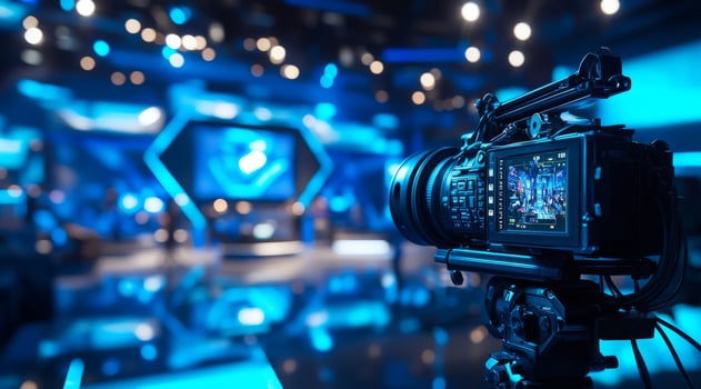 A highend professional camera captures the vibrant atmosphere of a contemporary television studio, beautifully illuminated with dynamic lighting effects that enhance its appeal photo