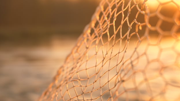 Fishing Net at River or Lake Shoreline Glowing Sunset Tranquil Water Background Autumn Evening Fishing Nature Conservation photo
